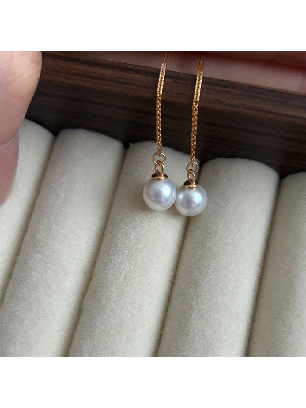 Gold Threader Earrings with Ivory Pearl Drops - Picture 2 of 4
